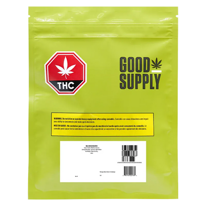 Flat front view of the lime-green Wild Rose Reserve pouch featuring a red THC octagon and bold "GOOD SUPPLY" logo.