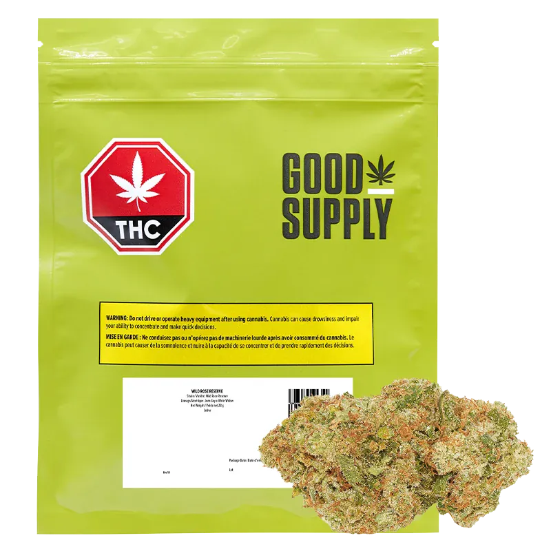 Front-facing shot of the lime-green Good Supply Wild Rose Reserve pouch with a THC badge and cannabis buds at the lower right.