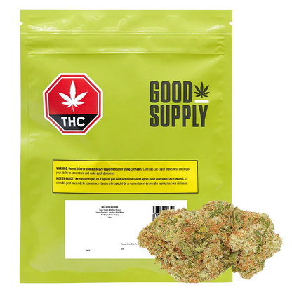Front-facing shot of the lime-green Good Supply Wild Rose Reserve pouch with a THC badge and cannabis buds at the lower right.