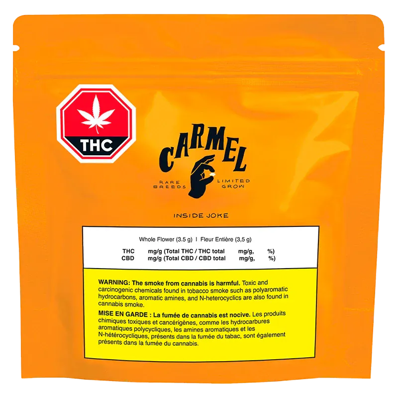 Front view of the bright orange Carmel Inside Joke pouch with a THC symbol at top left and a white warning label centered near the bottom