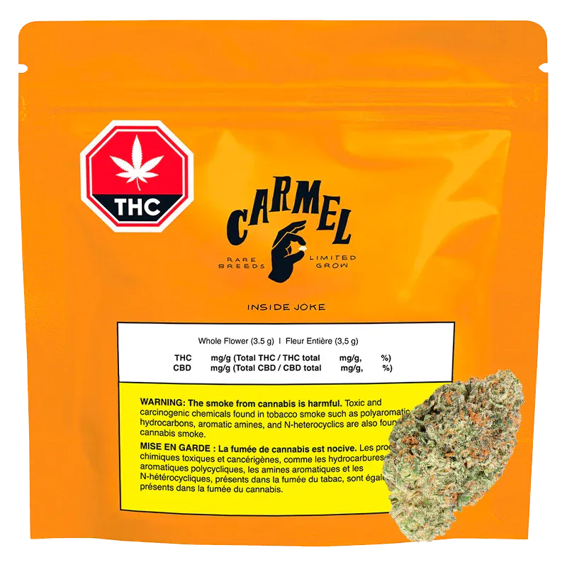 Front-facing shot of the bright orange Carmel Inside Joke pouch with THC emblem and a cannabis bud overlapping the lower right corner.