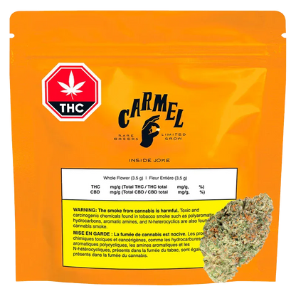 Front-facing shot of the bright orange Carmel Inside Joke pouch with THC emblem and a cannabis bud overlapping the lower right corner.
