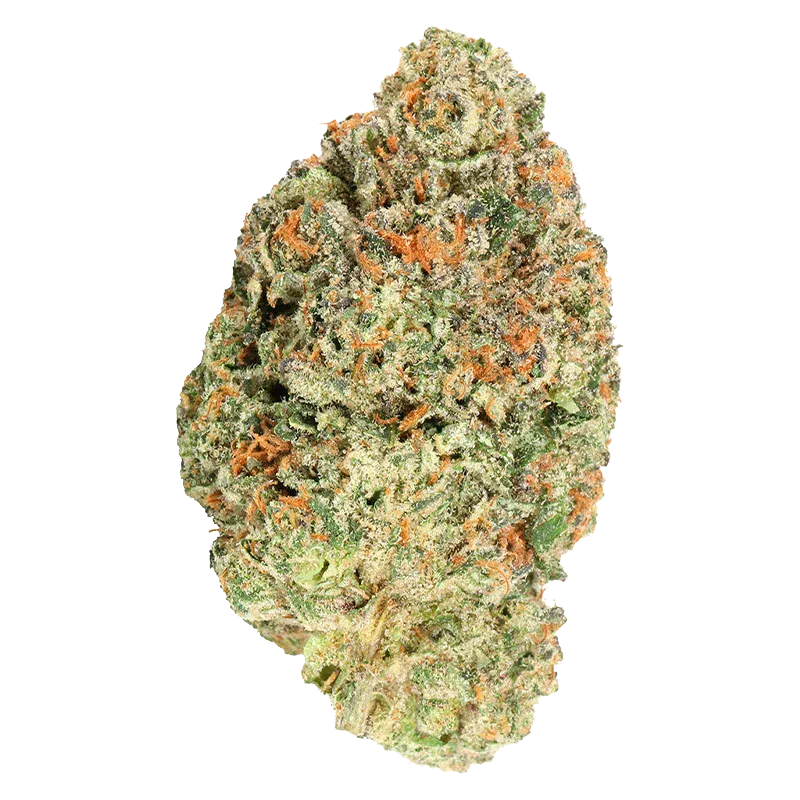 Top-down close-up of an "Inside Joke" cannabis bud showing dense green nugs, bright orange hairs, and frosty trichomes against a white background