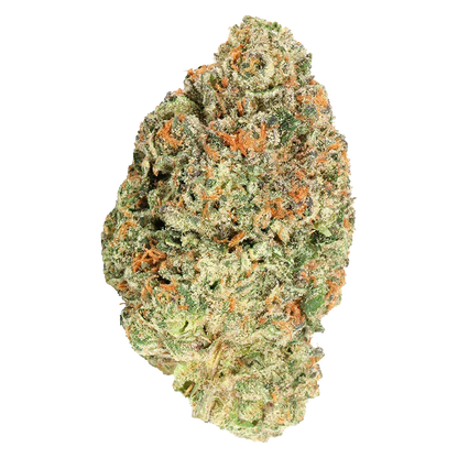 Top-down close-up of an "Inside Joke" cannabis bud showing dense green nugs, bright orange hairs, and frosty trichomes against a white background