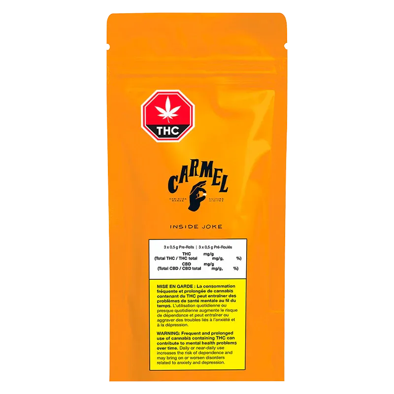 Front-facing image of the bright orange pouch labeled Inside Joke PR 3 x 0.5 g with a THC stop-sign logo and black Carmel artwork.