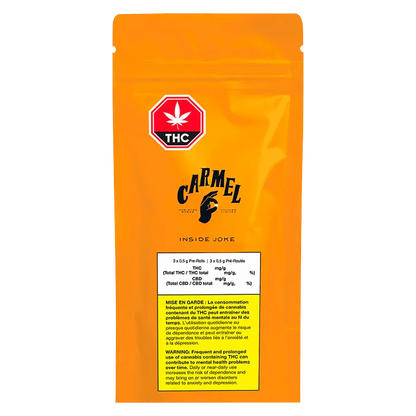 Front-facing image of the bright orange pouch labeled Inside Joke PR 3 x 0.5 g with a THC stop-sign logo and black Carmel artwork.