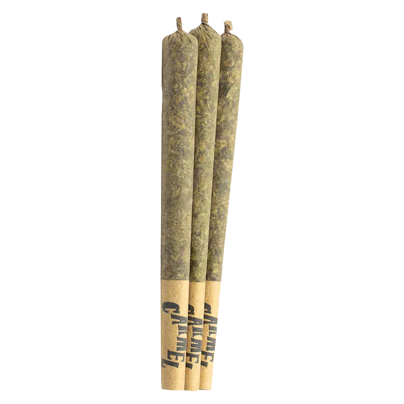 Vertical close-up of three jointed rolls showing the textured green filler and paper tips, labeled "Inside Joke PR 3 x 0.5 g" on the visible tips.