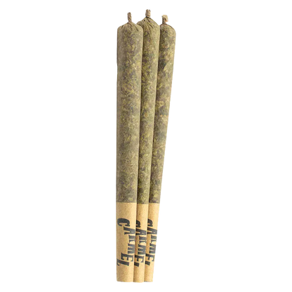 Vertical close-up of three jointed rolls showing the textured green filler and paper tips, labeled "Inside Joke PR 3 x 0.5 g" on the visible tips.