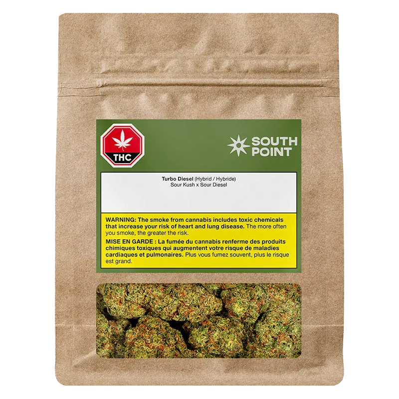Front view of a brown resealable pouch showing the South Point Turbo Diesel label, warning strip and a clear window revealing green cannabis buds.