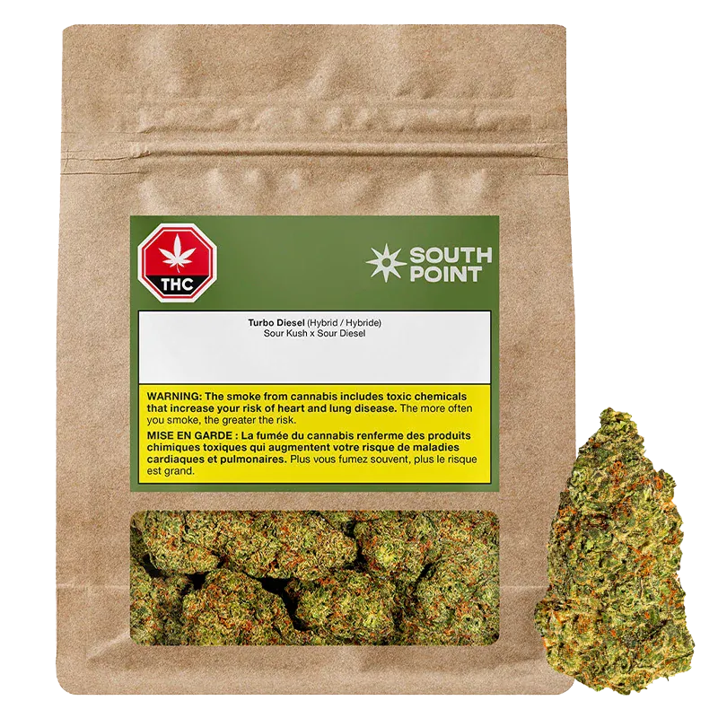 Front-facing kraft pouch labeled South Point Turbo Diesel with a green header, warning panel, window showing dense green buds and a single bud positioned to the right.