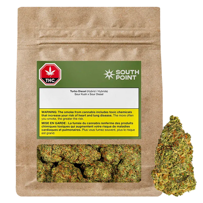 Front-facing kraft pouch labeled South Point Turbo Diesel with a green header, warning panel, window showing dense green buds and a single bud positioned to the right.