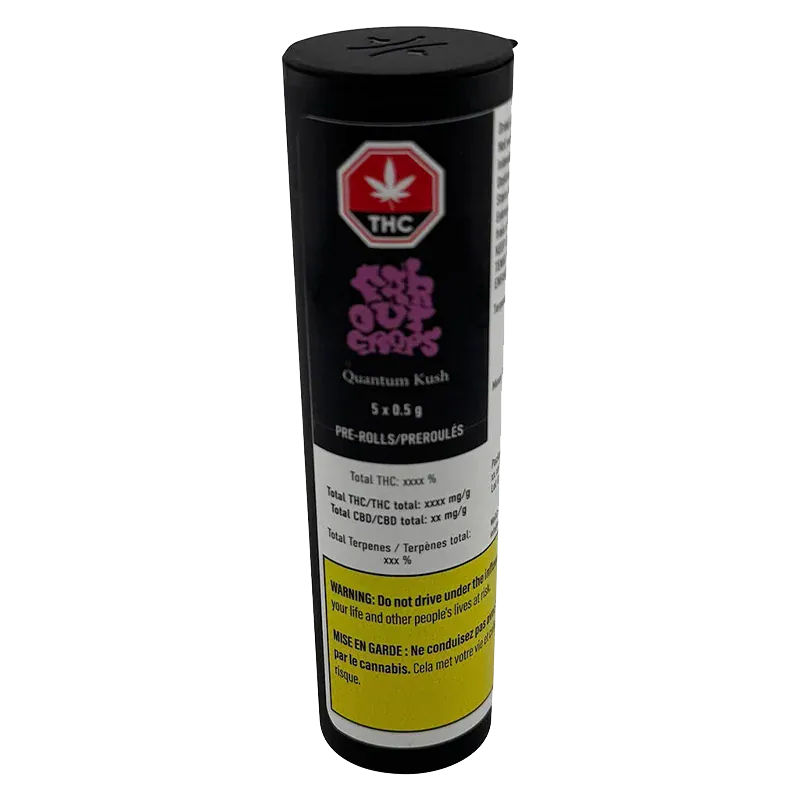 Front-facing cylindrical packaging of Quantum Kush PR 5 x 0.5 g with a black top, THC symbol and yellow warning panel visible.