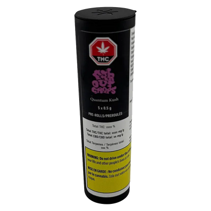 Front-facing cylindrical packaging of Quantum Kush PR 5 x 0.5 g with a black top, THC symbol and yellow warning panel visible.