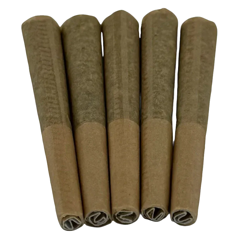Top-down close-up of five brown pre-rolled cones arranged side by side, labeled Quantum Kush PR 5 x 0.5 g.