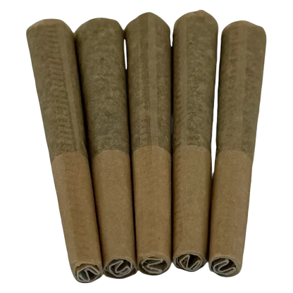 Top-down close-up of five brown pre-rolled cones arranged side by side, labeled Quantum Kush PR 5 x 0.5 g.