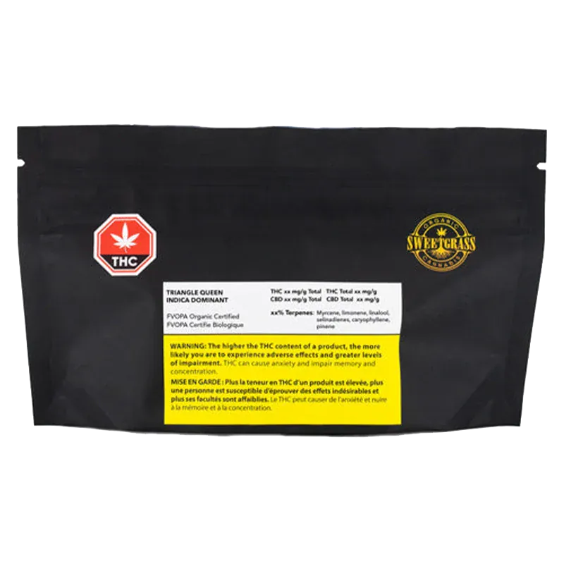 Back view of the black Sweetgrass Organic Triangle Queen pouch with warning label and red THC octagon badge centered near the bottom