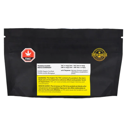 Back view of the black Sweetgrass Organic Triangle Queen pouch with warning label and red THC octagon badge centered near the bottom