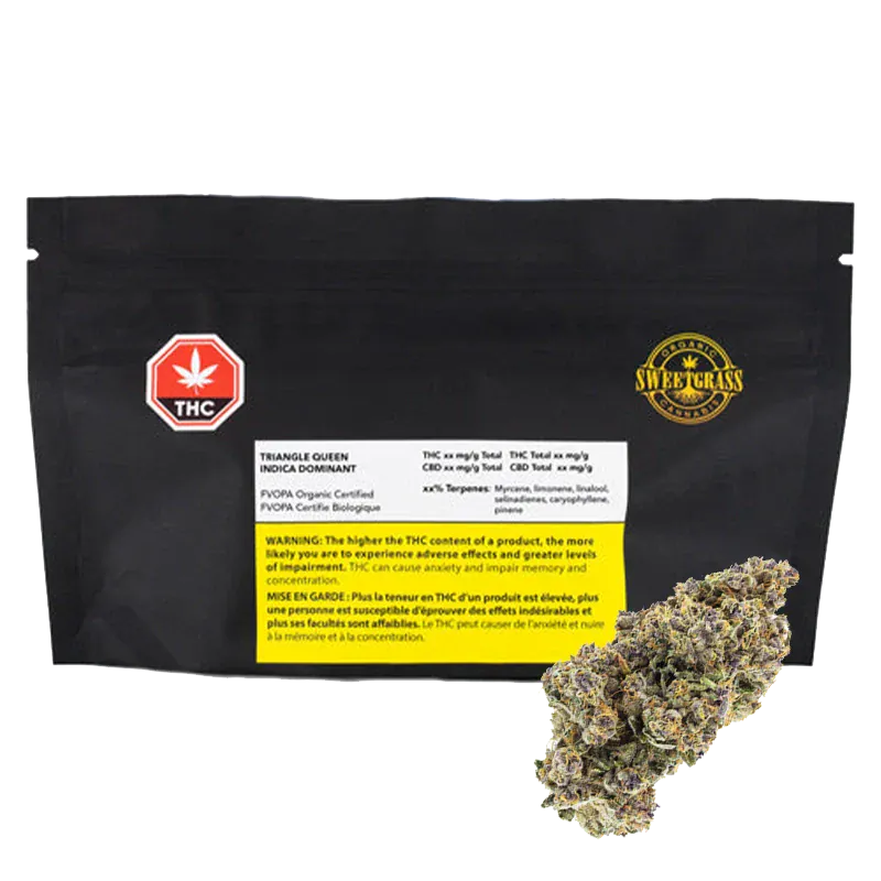 Black resealable pouch shot from the front with a yellow warning block and a SweetGrass Organic Triangle Queen label, a cannabis bud pictured at lower right.