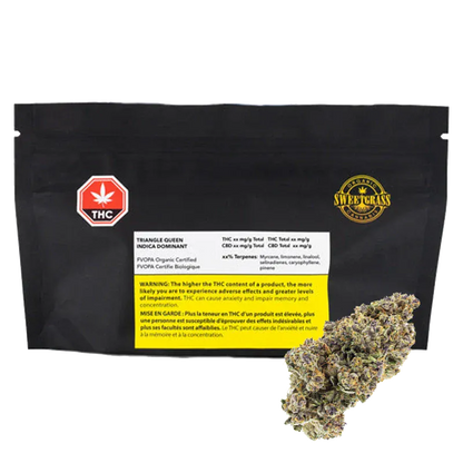 Black resealable pouch shot from the front with a yellow warning block and a SweetGrass Organic Triangle Queen label, a cannabis bud pictured at lower right.