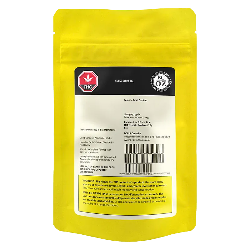 Front-facing image of the bright yellow Snow Globe pouch showing its black-and-white product label, THC symbol, barcode, and warning box.