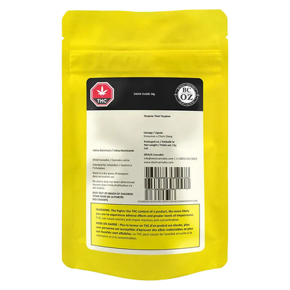 Front-facing image of the bright yellow Snow Globe pouch showing its black-and-white product label, THC symbol, barcode, and warning box.