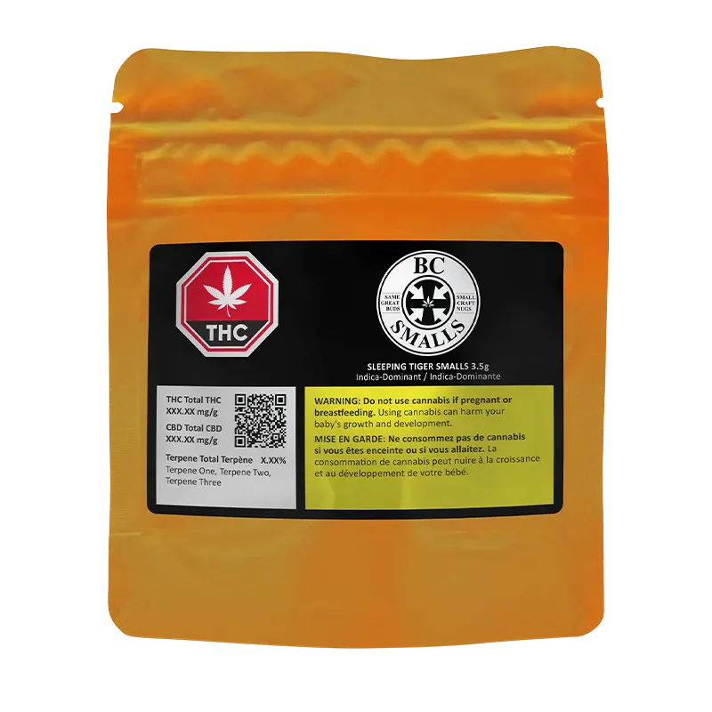 Front view of the orange pouch labeled "Sleeping Tiger Smalls" with a black warning panel, THC symbol, and BC Smalls logo.