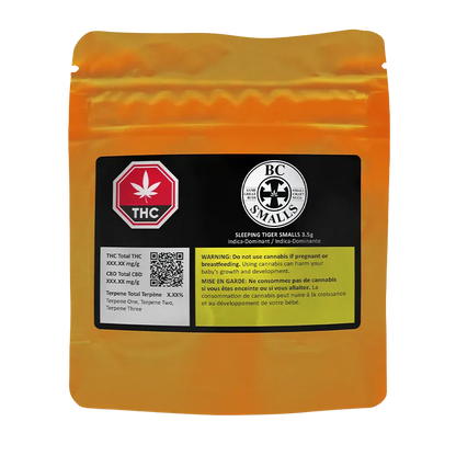 Front view of the orange pouch labeled "Sleeping Tiger Smalls" with a black warning panel, THC symbol, and BC Smalls logo.