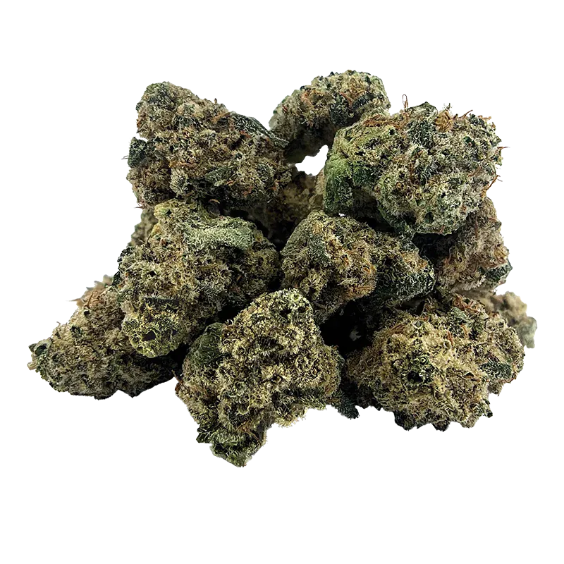 Close-up front view of a pile of dense green buds of Sleeping Tiger Smalls against a white background.