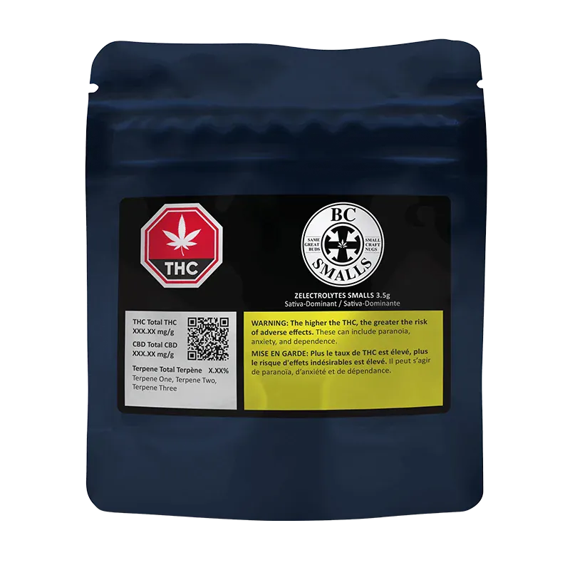Front-facing shot of a navy resealable pouch labeled Zelectrolytes Smalls with THC and BC Smalls logos and a yellow warning panel.