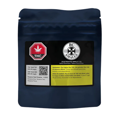 Front-facing shot of a navy resealable pouch labeled Zelectrolytes Smalls with THC and BC Smalls logos and a yellow warning panel.