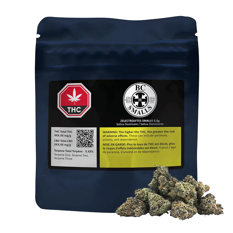 Front-facing pouch with a black label and a pile of buds at its base, showing the Zelectrolytes Smalls name and BC Smalls logo.