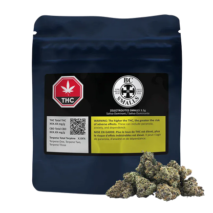 Front-facing pouch with a black label and a pile of buds at its base, showing the Zelectrolytes Smalls name and BC Smalls logo.