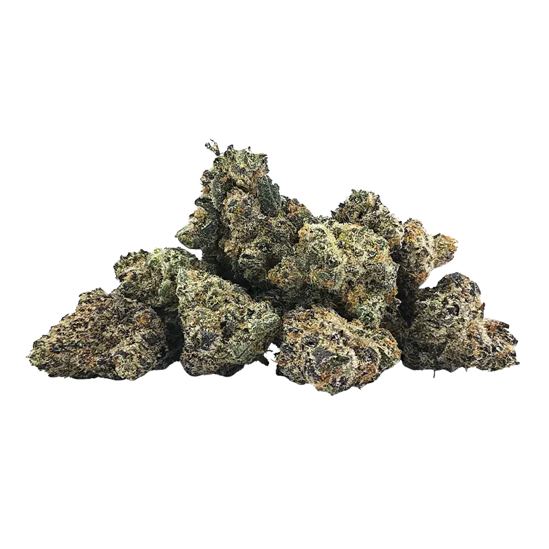 Pile of dense green and purple buds photographed from the front against a white background, labeled Zelectrolytes Smalls.