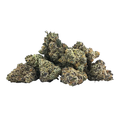 Pile of dense green and purple buds photographed from the front against a white background, labeled Zelectrolytes Smalls.