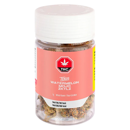 Clear front-facing shot of the Watermelon Mojo Zktlz jar showing the coral label, white lid, THC symbol, and visible cannabis buds inside.