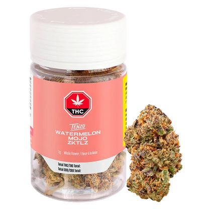 Clear front view of a Tenzo Watermelon Mojo Zktlz jar with a pink label and a single dense bud positioned to its right.