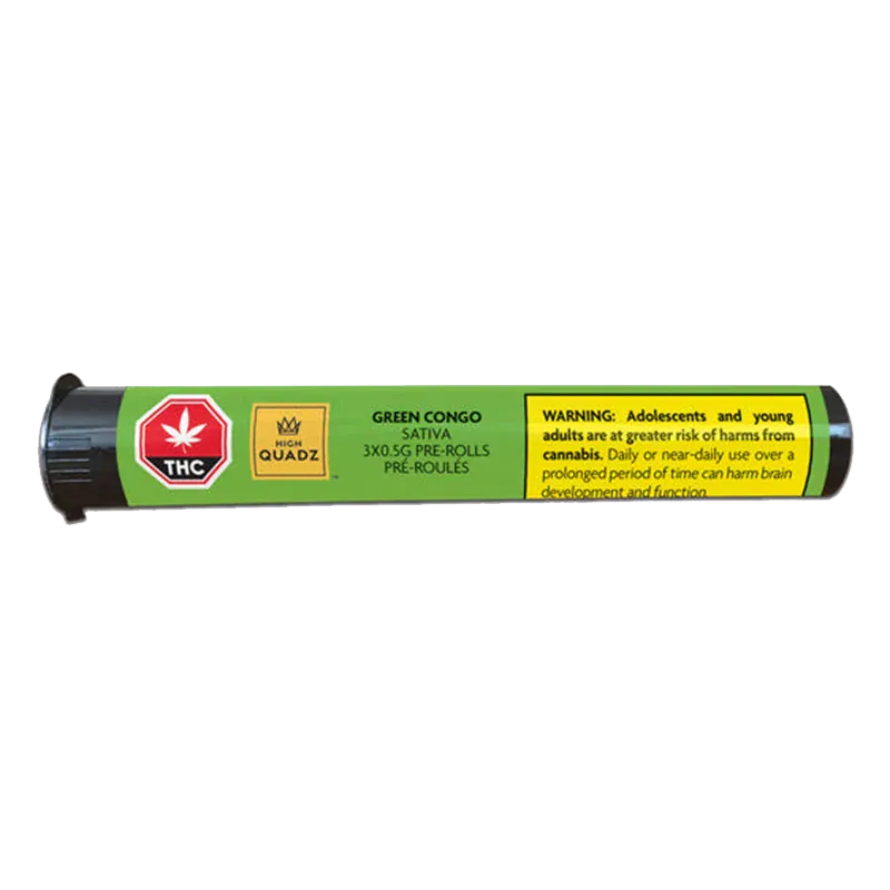 Horizontal close-up of the Green Congo PR 3 x 0.5 g tube showing a green label with THC and warning icons.