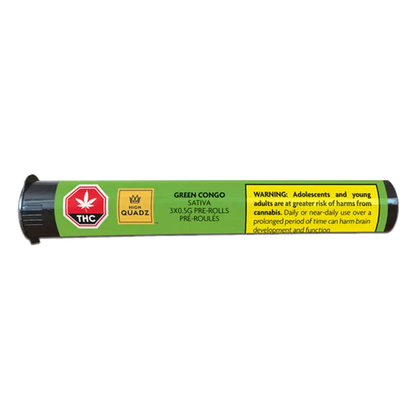 Horizontal close-up of the Green Congo PR 3 x 0.5 g tube showing a green label with THC and warning icons.