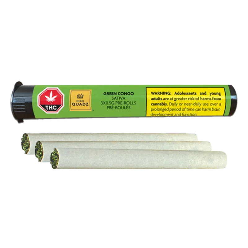 Top-down view of three white pre-rolls arranged in a row beneath the green-labeled Green Congo PR 3 x 0.5 g plastic tube, the label showing warning text and THC icons.