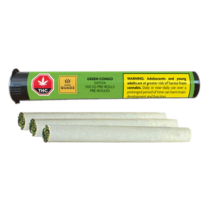 Top-down view of three white pre-rolls arranged in a row beneath the green-labeled Green Congo PR 3 x 0.5 g plastic tube, the label showing warning text and THC icons.