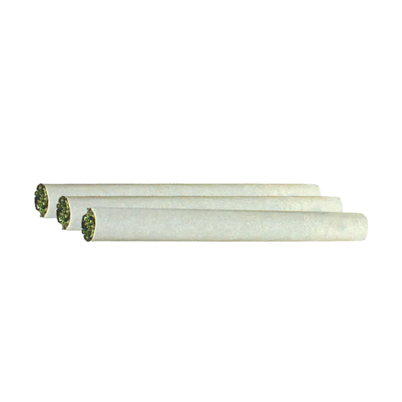 Three-quarter view of three white rolled joints of Green Congo PR 3 x 0.5 g lined up on a white background.