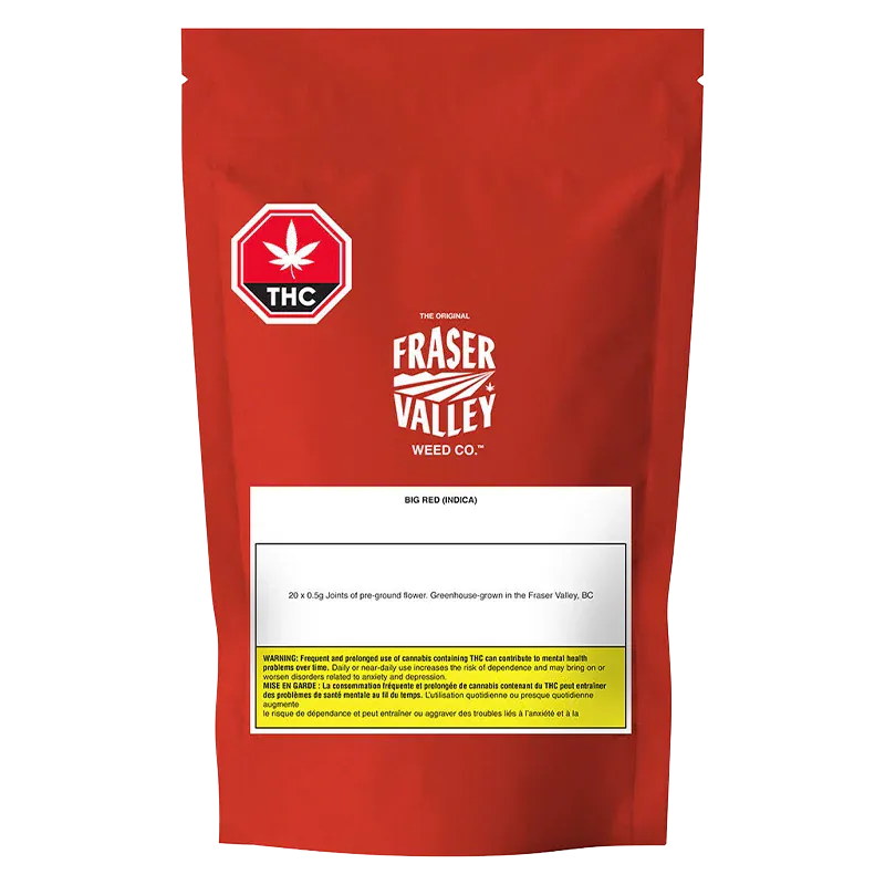 Front-facing shot of a red pouch labeled "Big Red Sativa PR 20 x 0.5 g" from Fraser Valley Weed Co., centered on a white background with a THC symbol.