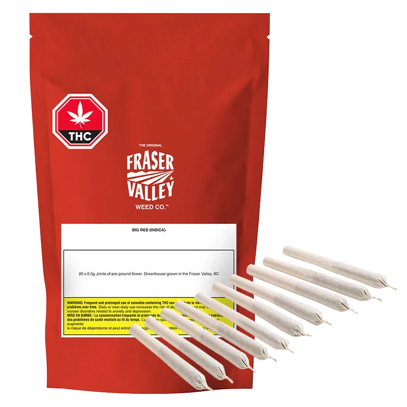 Front view of a red pouch labeled Fraser Valley Weed Co. with eight prerolled white cones arranged fanned at right — Big Red Sativa PR 20 x 0.5 g