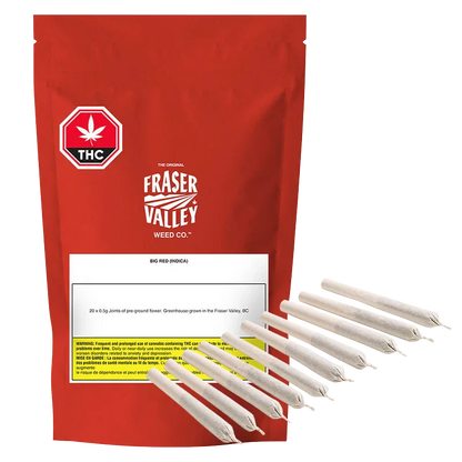 Front view of a red pouch labeled Fraser Valley Weed Co. with eight prerolled white cones arranged fanned at right — Big Red Sativa PR 20 x 0.5 g