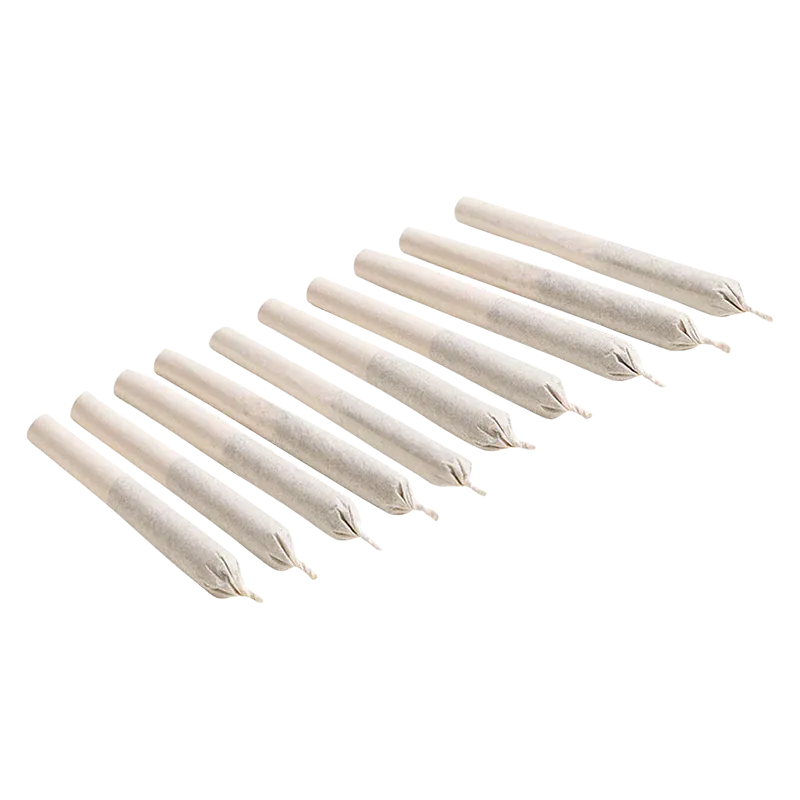 Angled overhead view of ten pre-rolled cones arranged in two staggered rows, labeled Big Red Sativa PR 20 x 0.5 g.
