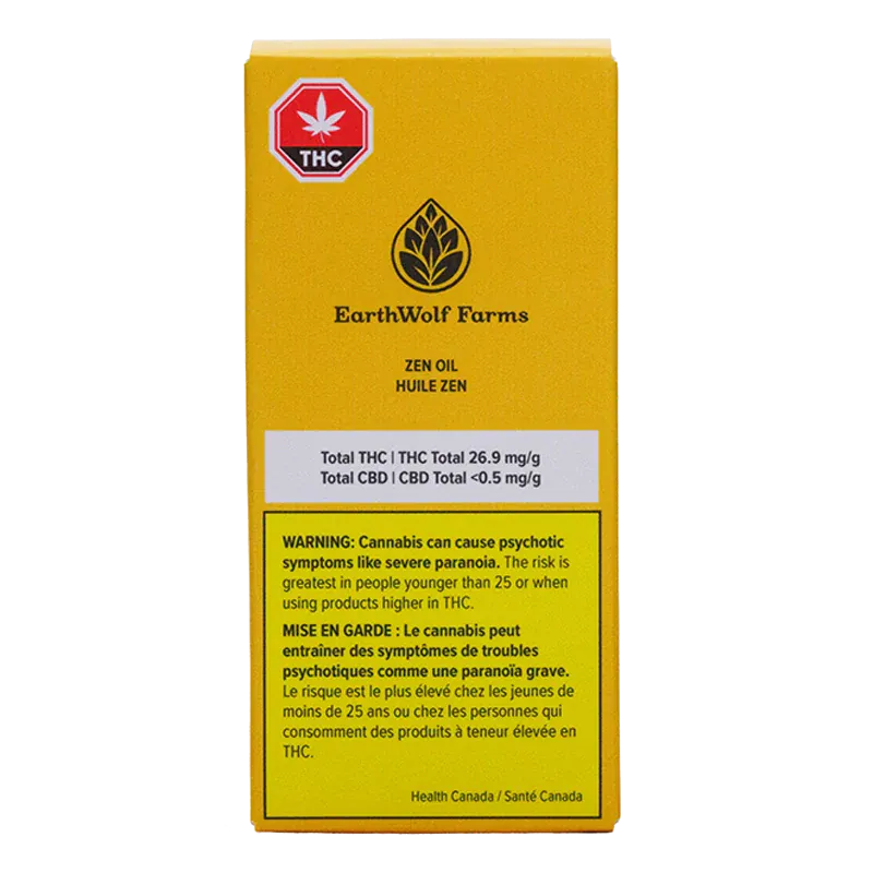 Front view of the yellow EarthWolf Farms Zen Oil box with THC symbol, logo, and a bilingual warning panel.