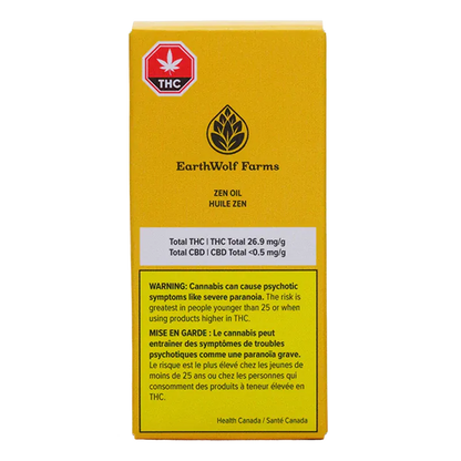 Front view of the yellow EarthWolf Farms Zen Oil box with THC symbol, logo, and a bilingual warning panel.