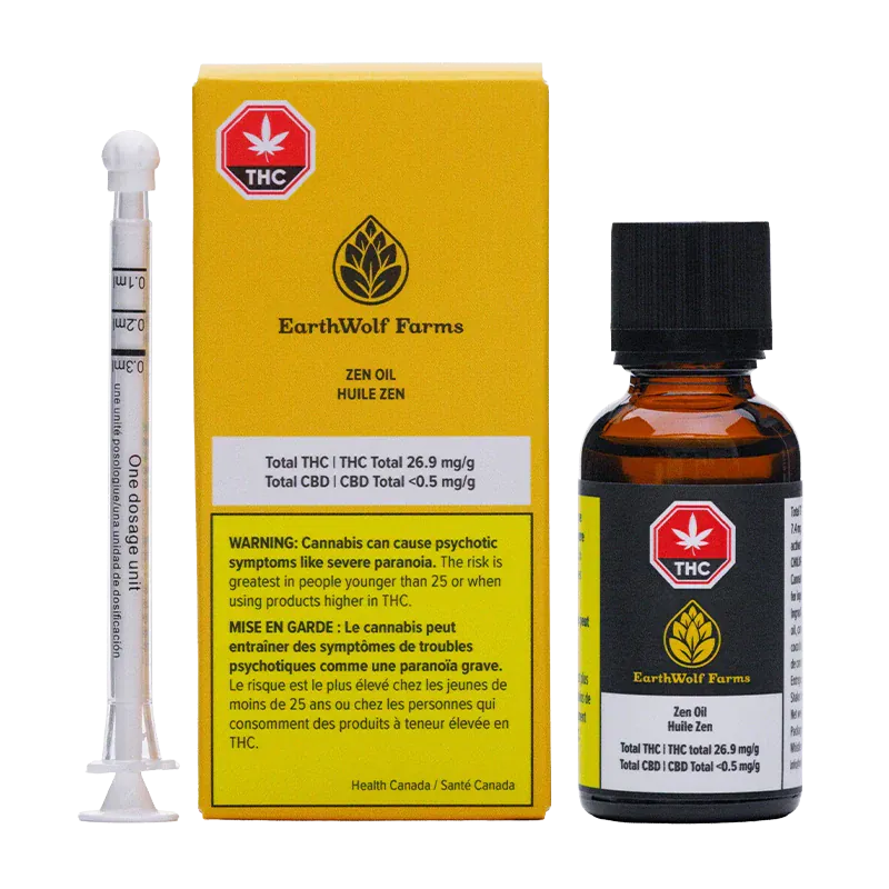 Front-facing product shot of EarthWolf Farms Zen Oil showing a yellow branded box, dosing syringe, and an amber glass bottle on white.