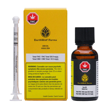 Front-facing product shot of EarthWolf Farms Zen Oil showing a yellow branded box, dosing syringe, and an amber glass bottle on white.