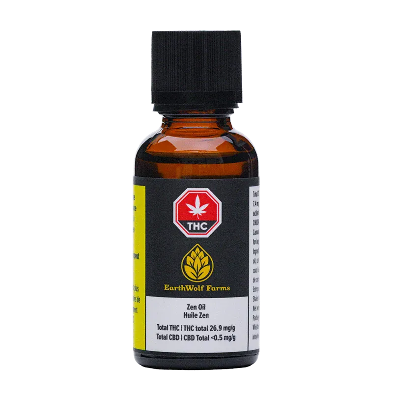 Straight-on view of the amber glass bottle labeled "Zen Oil" from EarthWolf Farms with a black cap and THC emblem on a white background